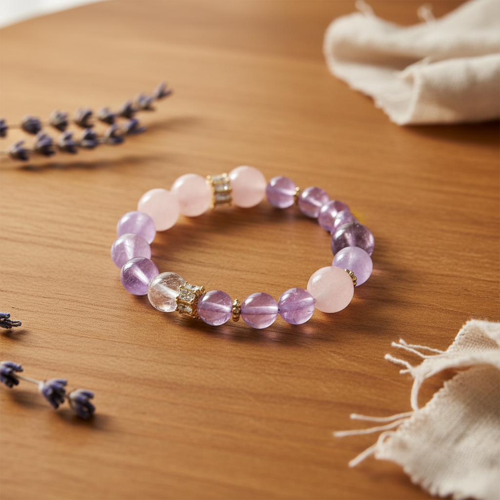 Amethyst & Rose Quartz Energy Bracelet Ninefold Purple Flame