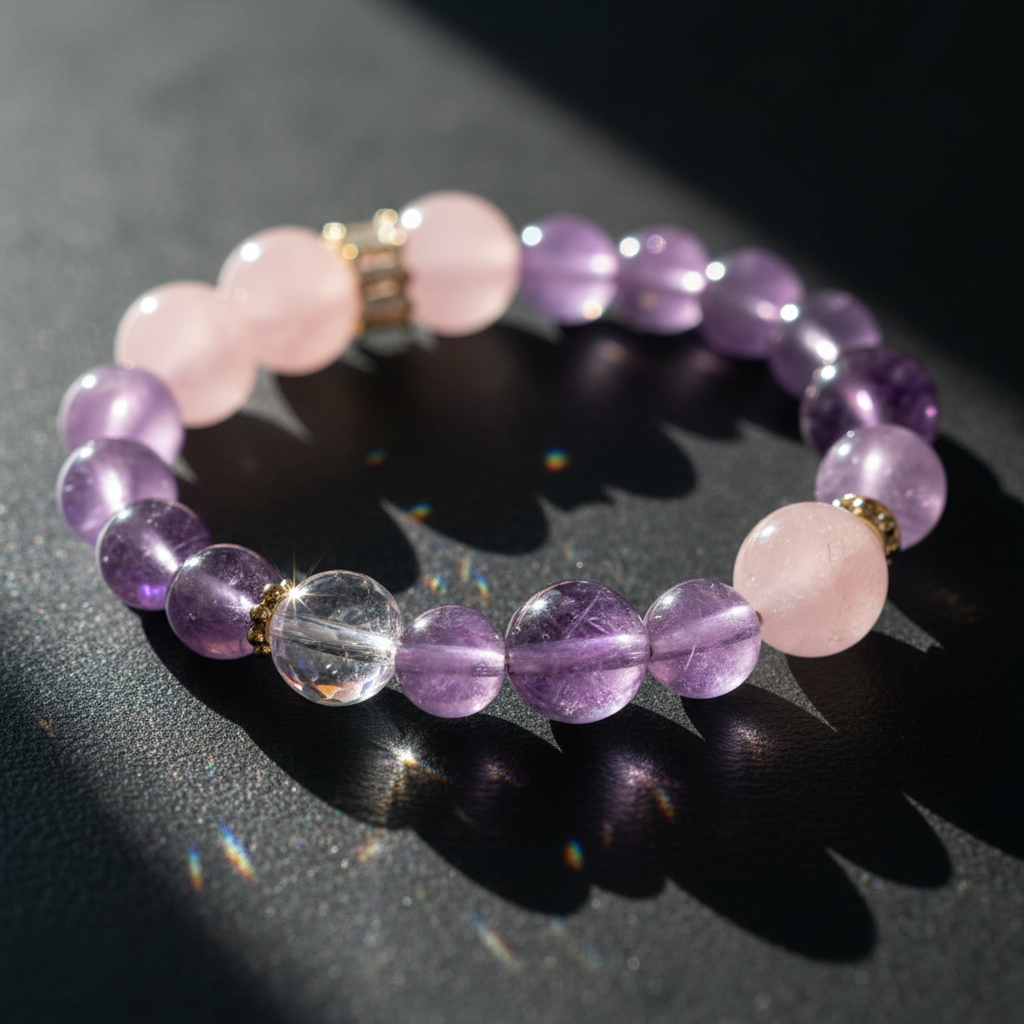 Amethyst & Rose Quartz Energy Bracelet Ninefold Purple Flame
