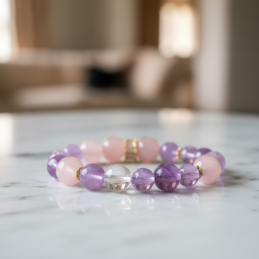 Amethyst & Rose Quartz Energy Bracelet Ninefold Purple Flame