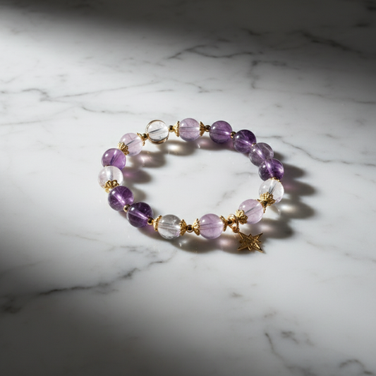 Natural Amethyst Star Charm Bracelet | Alloy Inlaid Star Accent Beaded Jewelry
