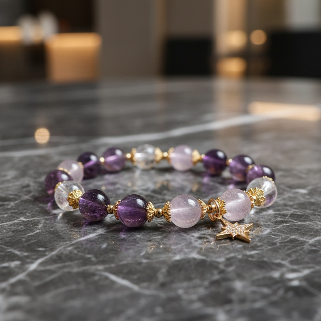 Natural Amethyst Star Charm Bracelet | Alloy Inlaid Star Accent Beaded Jewelry