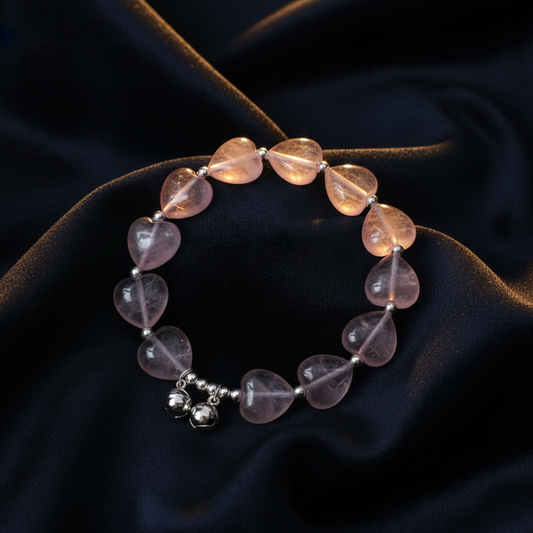 Rose Quartz “Heart Chime” Bracelet | Beaded 925 Silver with Heart Charm & Bell Accent