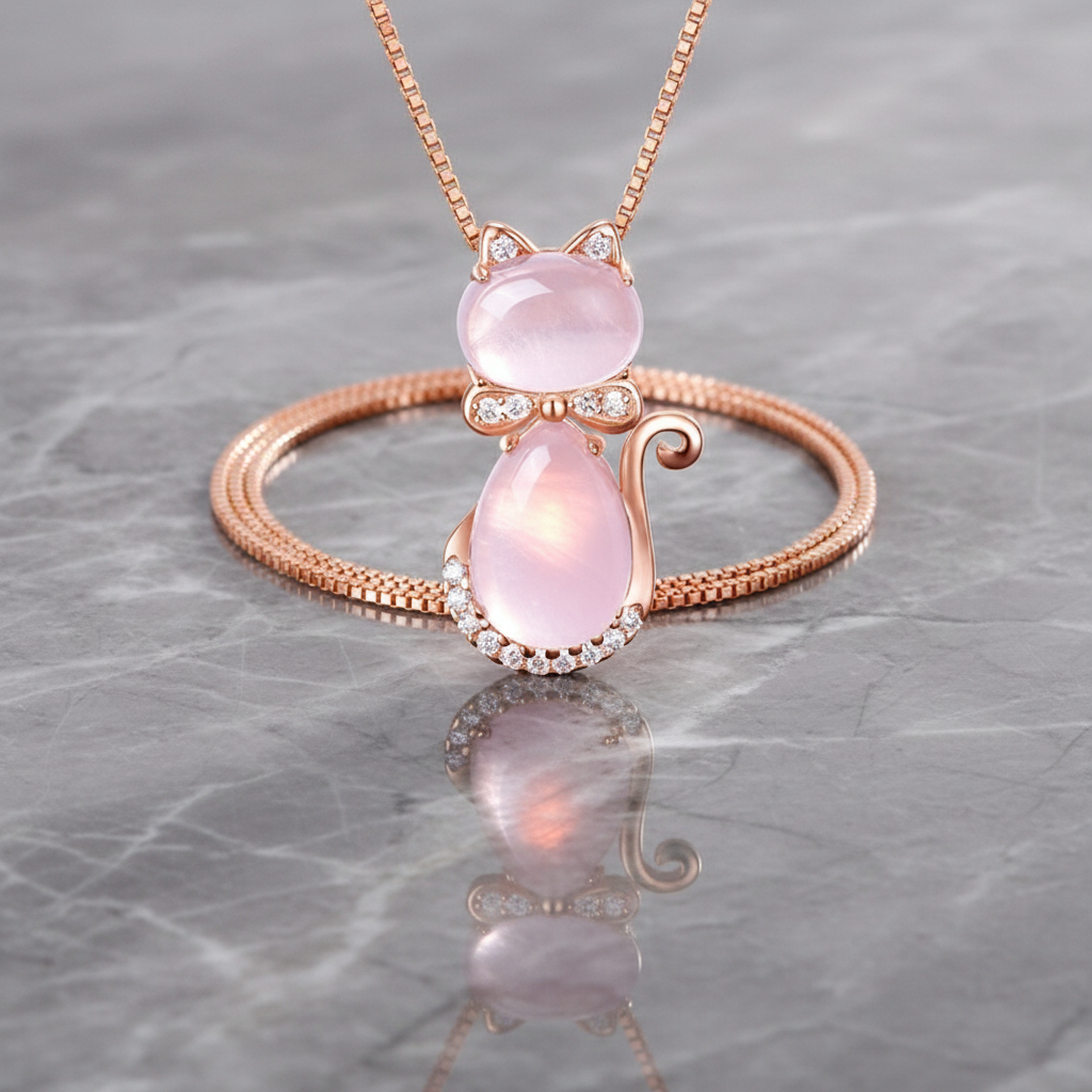 Cat Rose Quartz Pendant Necklace | 18K Rose Gold Plated with Sparkling CZ | Unique Romantic Gift