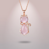 Cat Rose Quartz Pendant Necklace | 18K Rose Gold Plated with Sparkling CZ | Unique Romantic Gift