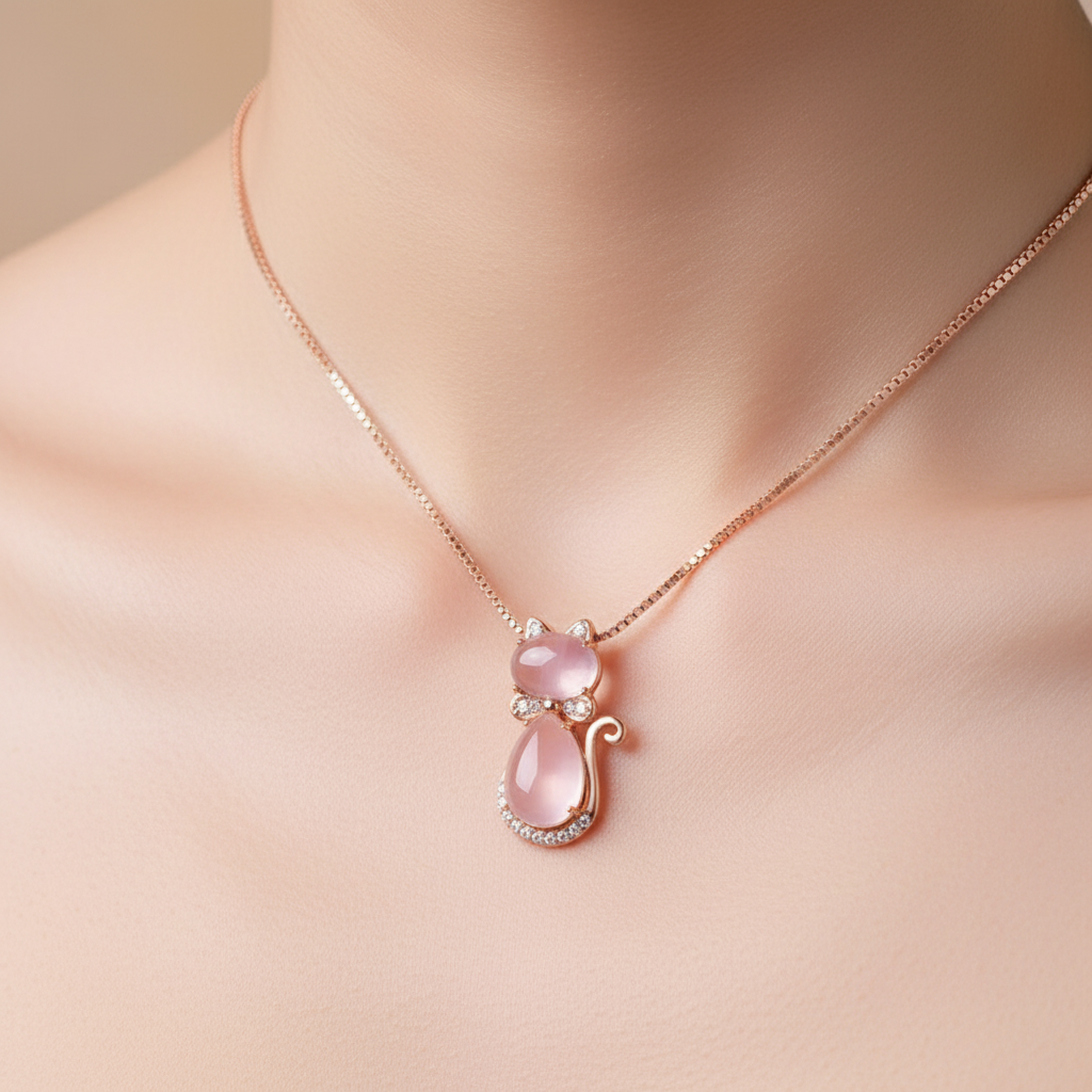 Cat Rose Quartz Pendant Necklace | 18K Rose Gold Plated with Sparkling CZ | Unique Romantic Gift