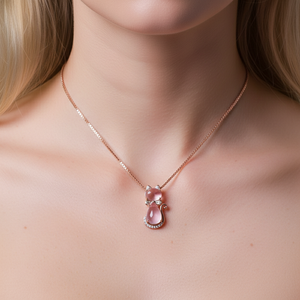 Cat Rose Quartz Pendant Necklace | 18K Rose Gold Plated with Sparkling CZ | Unique Romantic Gift