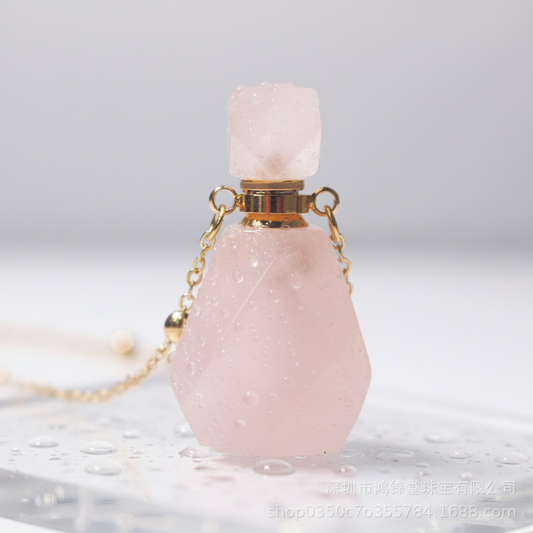 Natural Rose Quartz Perfume Bottle Pendant | Hollow Crystal Necklace for Essential Oils & Prosperity