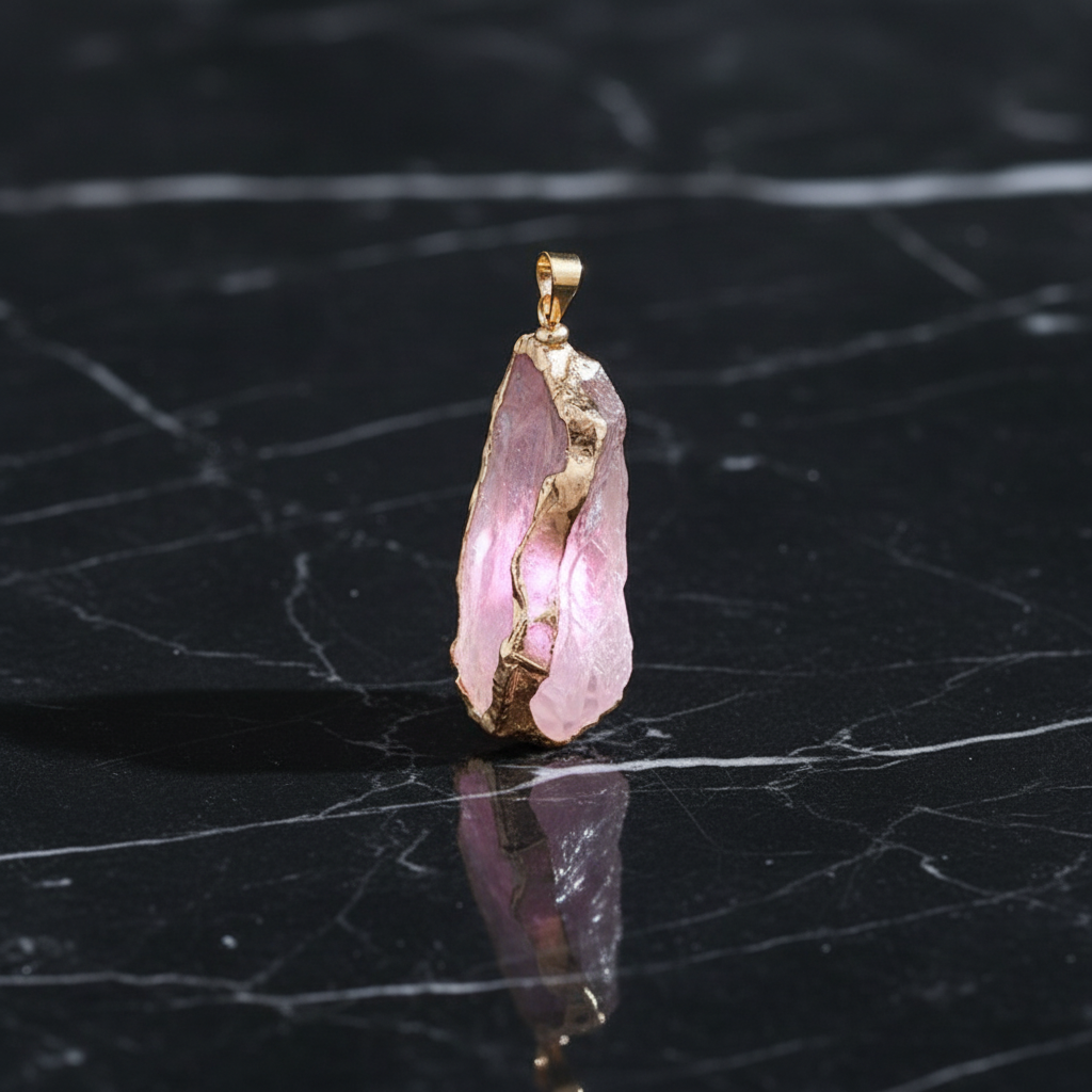 Natural Rose Quartz & Amethyst Irregular Pendant Necklace | Gold-Plated Edge