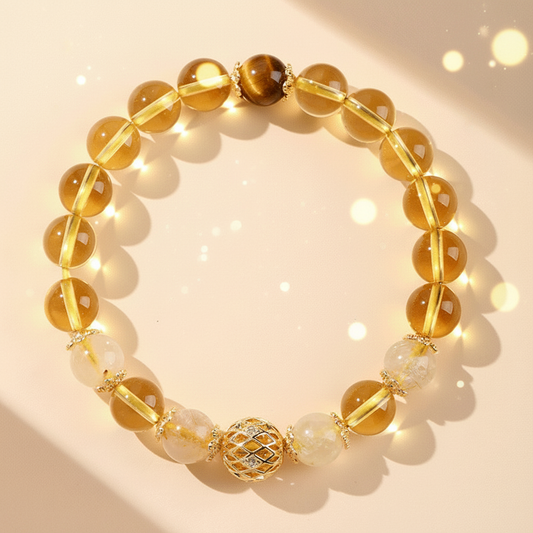 Natural Golden Tiger’s Eye Bracelet | Gold-Plated Copper Bead Accent | Vintage Luxury & Protection