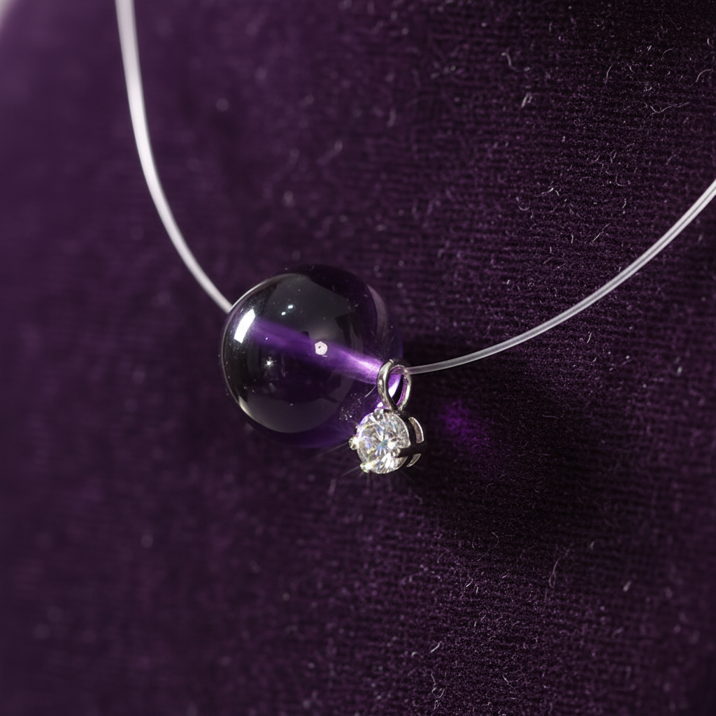 Crystal Energy Necklace  Amethyst & Clear Quartz Invisible Line Necklace | S925 Silver Minimalist Crystal Pendant