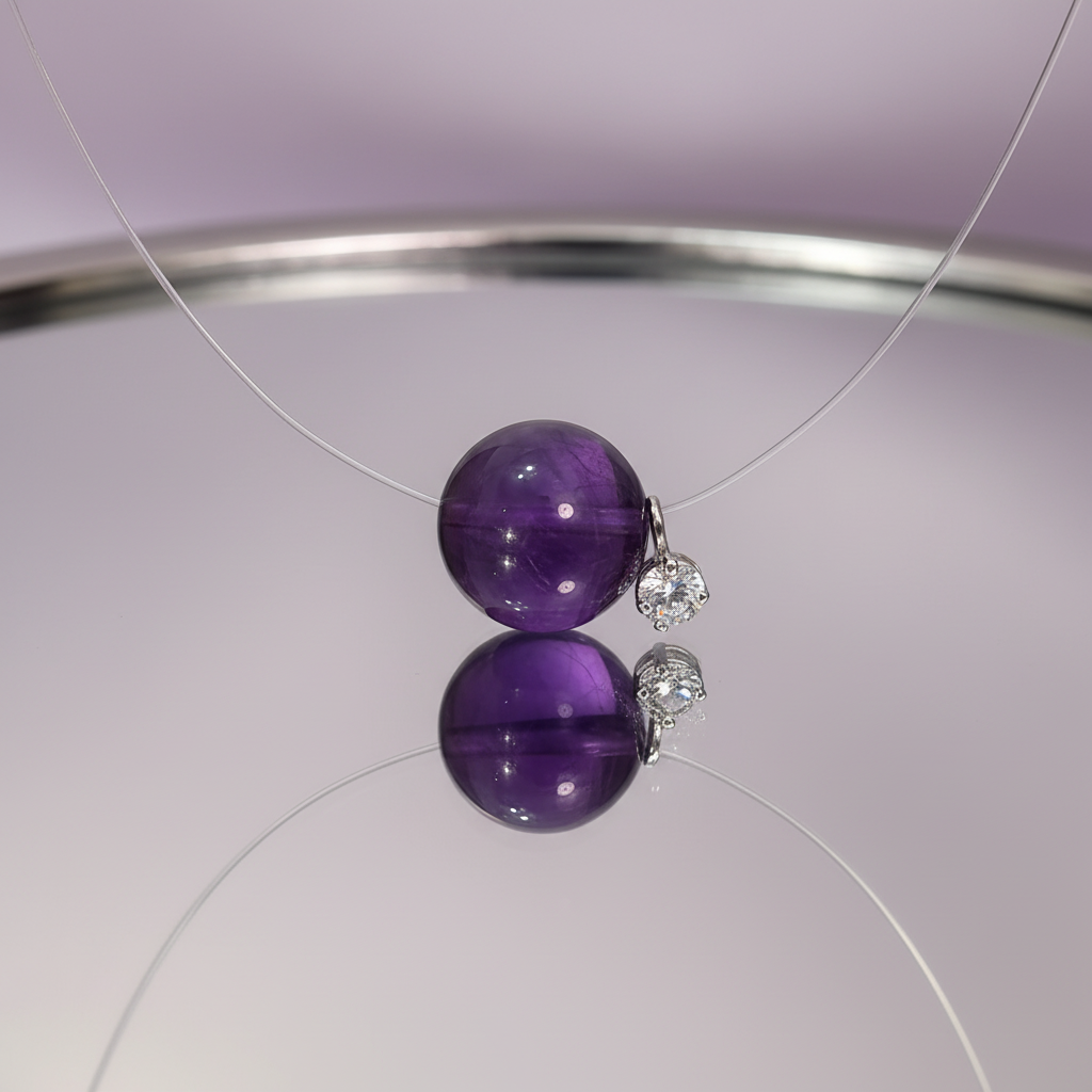 Crystal Energy Necklace  Amethyst & Clear Quartz Invisible Line Necklace | S925 Silver Minimalist Crystal Pendant