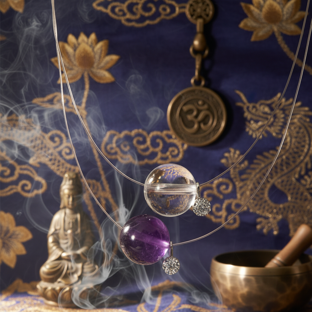 Crystal Energy Necklace  Amethyst & Clear Quartz Invisible Line Necklace | S925 Silver Minimalist Crystal Pendant