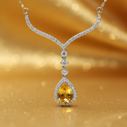 Natural Citrine S925 Silver Necklace | Elegant Teardrop Yellow Gem Pendant (7×9mm Main Stone)