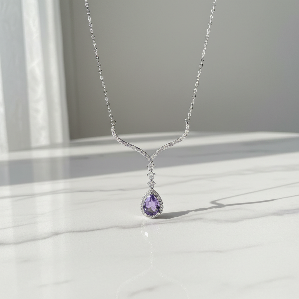 Natural Amethyst S925 Silver Necklace | Elegant Teardrop Purple Gem Pendant (7×9mm Main Stone)